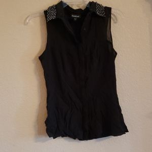 BEBE semi sheer black button up sleeveless blouse.
